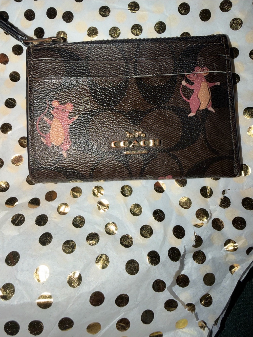 Coach Brown Card Case with Pink Mouse Motif